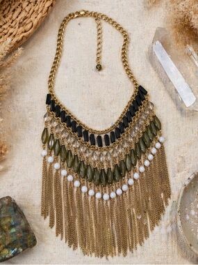 Boho Gold Fringe Statement Necklace nOir Black Olive Beaded Layered Festival